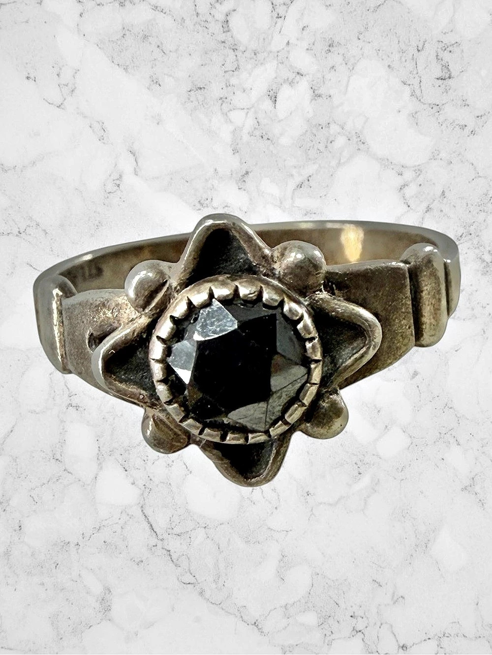 Sterling Silver 925 Bell Trading Hematite Ring Size 5 Faceted Black Stone Star